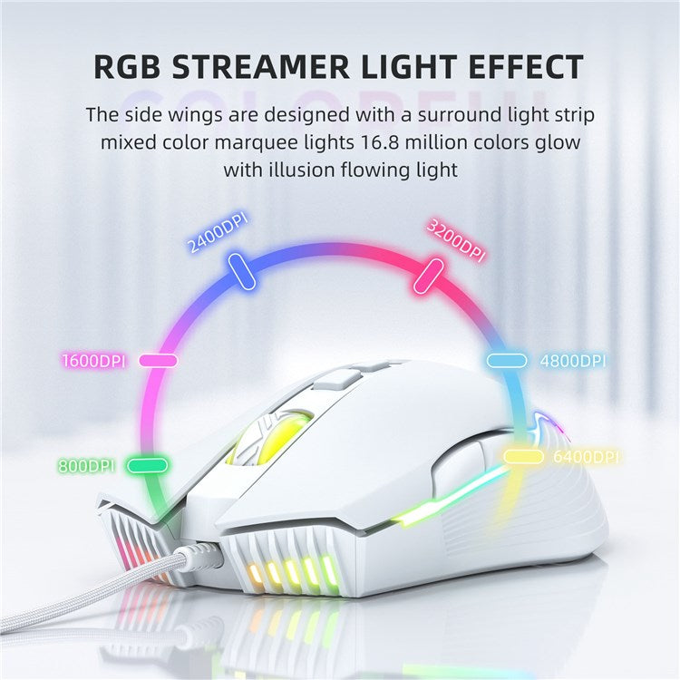 ONIKUMA CW905 USB Wired Mouse Optical Computer RGB Mouse with 800/1600/2400/3200/4800/6400 DPI Ergonomic Design Support Laptop PC Desktop Computer - White