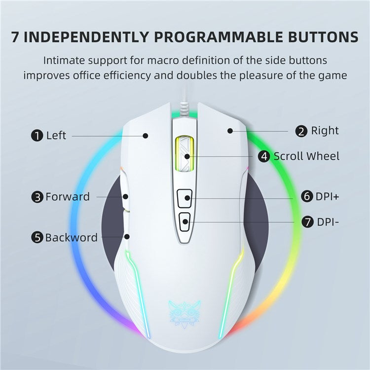 ONIKUMA CW905 USB Wired Mouse Optical Computer RGB Mouse with 800/1600/2400/3200/4800/6400 DPI Ergonomic Design Support Laptop PC Desktop Computer - White