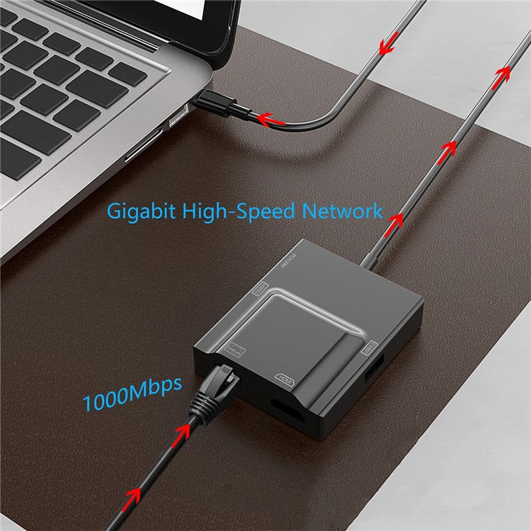 NK-3057HDMI USB-C Hub Adapter to 2xUSB 3.0+HD+Type-C+RJ45 Converter for Laptop