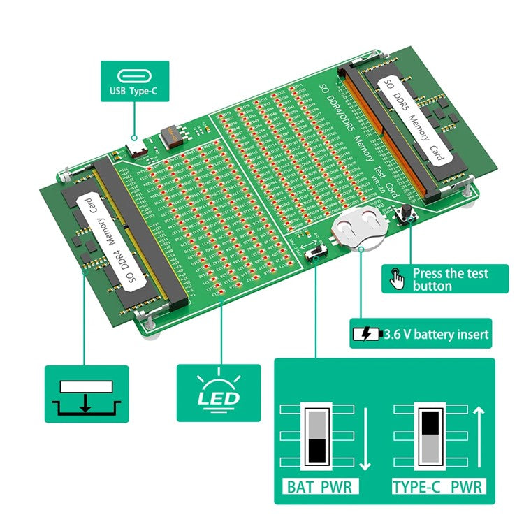 YNS-03 Memory Test Card Notebook Memory Stick Tester DDR4 / DDR5 2-in-1 Memory Tester with Light