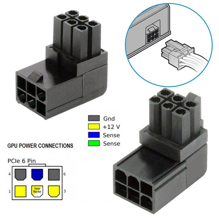 PW-021 2Pcs / Set ATX 6Pin Male to Female 90 Degree Up Down Angled Power Header Adapter for GPU Graphics Card