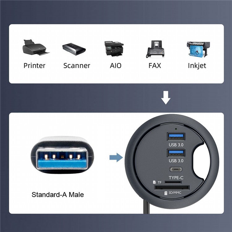 U3-095-HUB04 Desktop USB Hub to 2xCard Reader+USB-C+2xUSB 3.0+Headphone Jack Splitter Dock Station