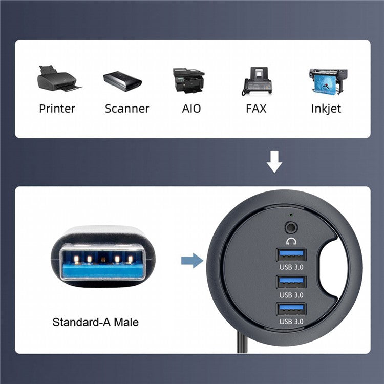 U3-095-HUB03 3X USB 3.0 Hub with Audio Port 60mm Desk Grommet Splitter Dock Station for Desktop PC Desk