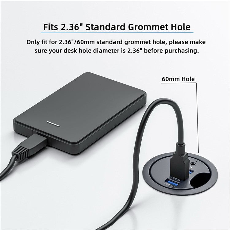 U3-095-HUB03 3X USB 3.0 Hub with Audio Port 60mm Desk Grommet Splitter Dock Station for Desktop PC Desk