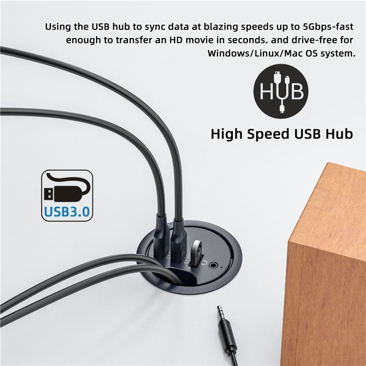 U3-095-HUB03 3X USB 3.0 Hub with Audio Port 60mm Desk Grommet Splitter Dock Station for Desktop PC Desk