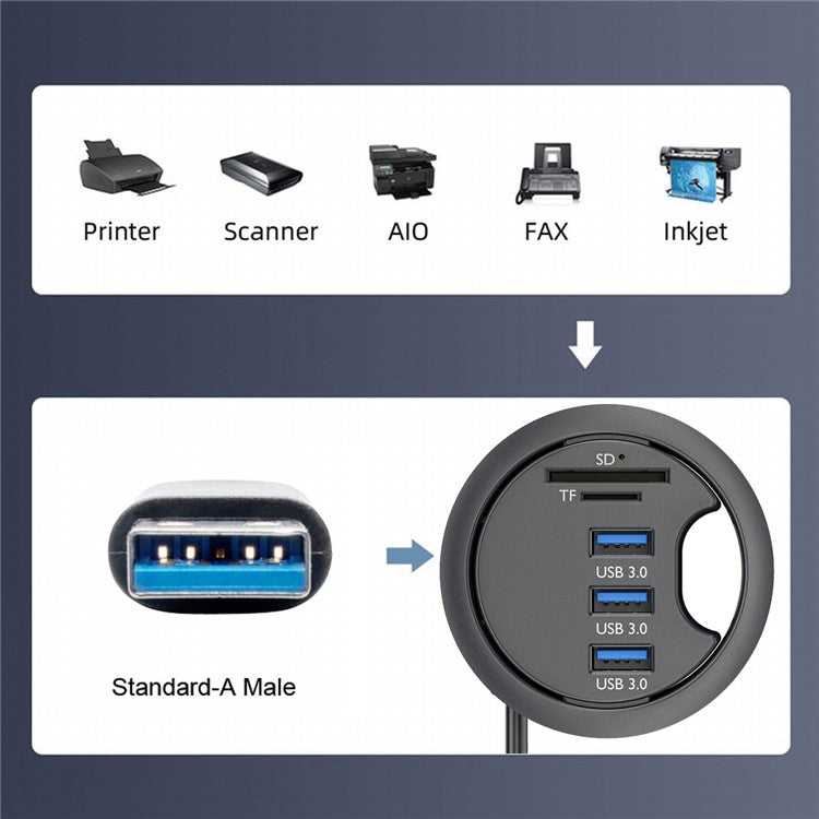 U3-095-HUB02 3X USB 3.0 Hub with SD / TF Card Slot 60mm Desk Grommet Splitter Dock Station for Desktop PC Desk
