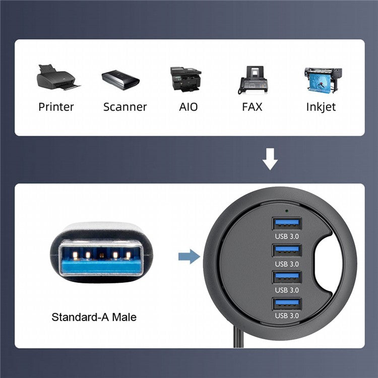 U3-095-HUB01 USB 3.0 Hub 4 USB3.0 Ports 60mm Computer Desk Grommet Splitter Dock Station