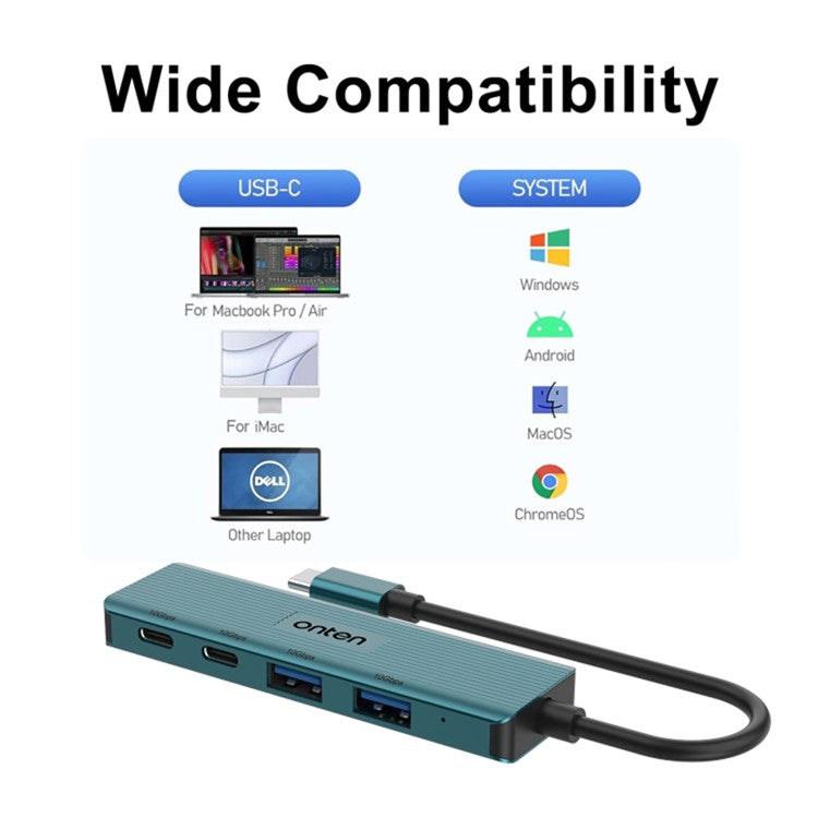 ONTEN UC622 15cm Cable Type-C to 2USB+2Type-C Ports 10Gbps USB Hub Splitter Laptop Phone Adapter - Green