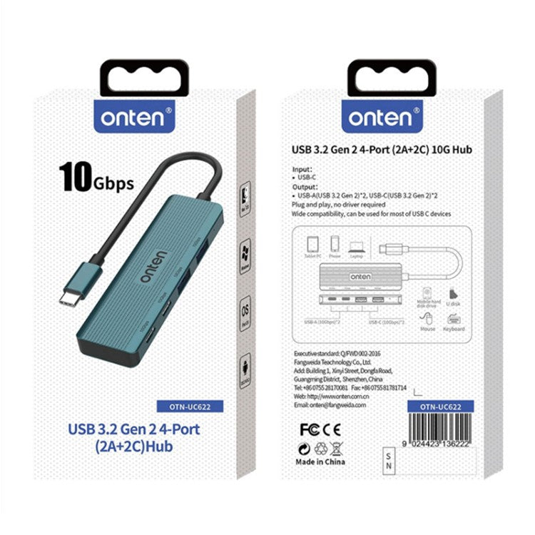 ONTEN UC622 15cm Cable Type-C to 2USB+2Type-C Ports 10Gbps USB Hub Splitter Laptop Phone Adapter - Green