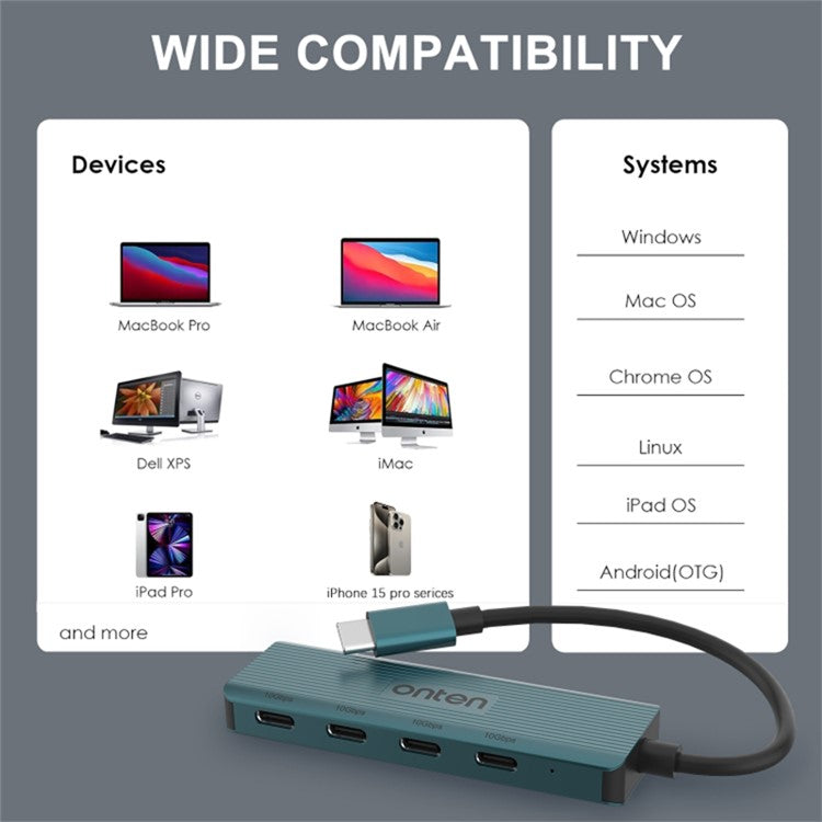 ONTEN UC620 15cm Cable Type-C to 4xUSB-C USB3.2 Gen2 Ports USB Hub Laptop Phone Adapter