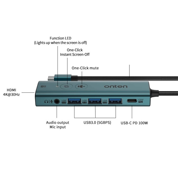 ONTEN UC123+ 15cm Cable Type-C to HD+3xUSB3.0+USB-C+3.5mm Ports USB Hub Adapter with Buttons - Green