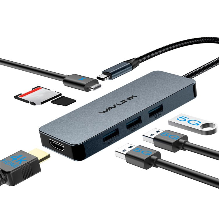 WAVLINK UHP3416 7-in-1 USB-C to 4K HD 100W PD Charging SD / TF Card Reader Docking Station - Grey