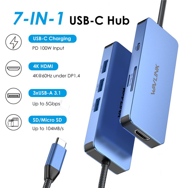 WAVLINK UHP3416 7-in-1 USB-C to 4K HD 100W PD Charging SD / TF Card Reader Docking Station - Blue