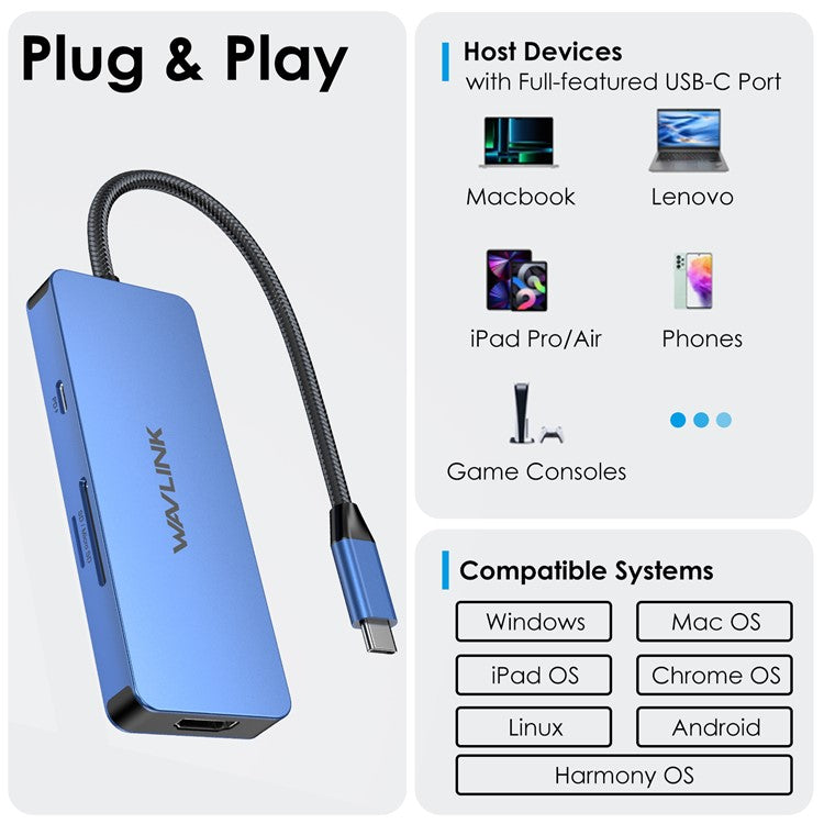 WAVLINK UHP3416 7-in-1 USB-C to 4K HD 100W PD Charging SD / TF Card Reader Docking Station - Blue