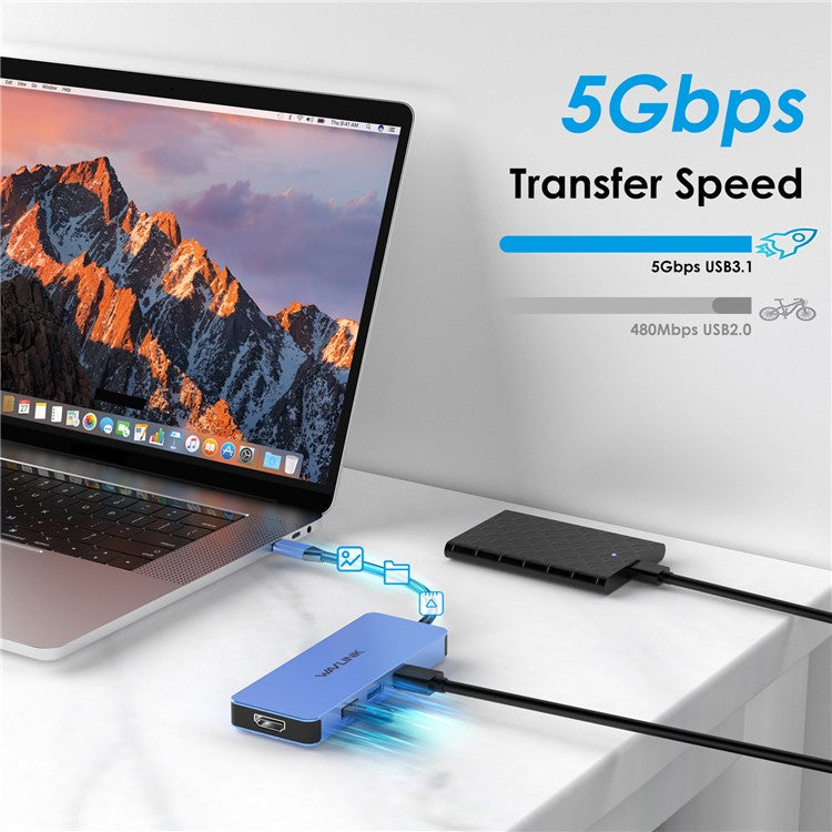 WAVLINK UHP3416 7-in-1 USB-C to 4K HD 100W PD Charging SD / TF Card Reader Docking Station - Blue