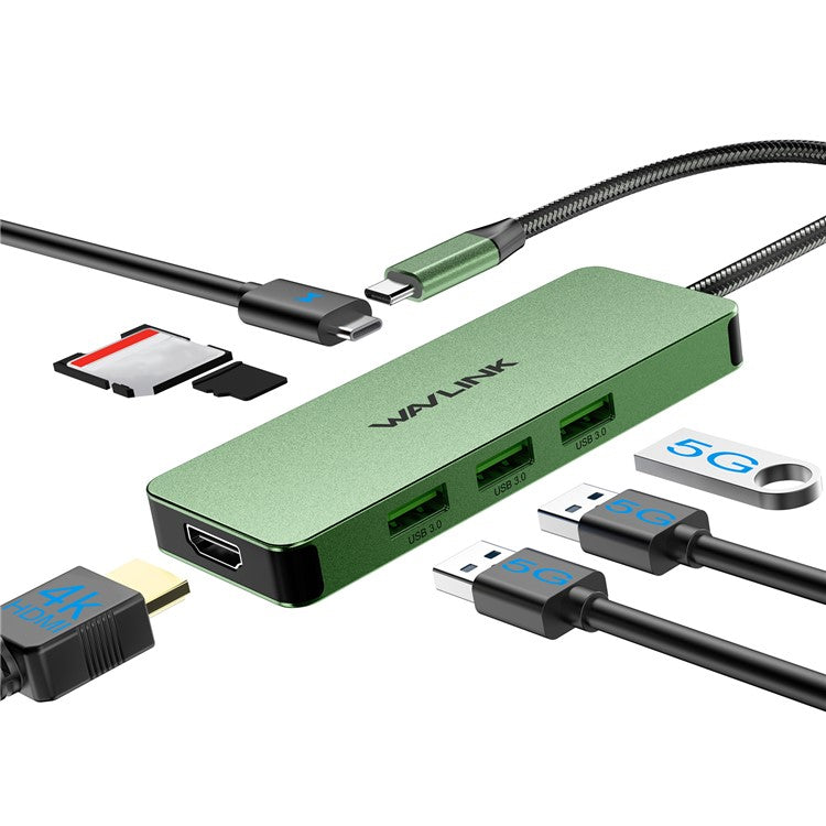 WAVLINK UHP3416 7-in-1 USB-C to 4K HD 100W PD Charging SD / TF Card Reader Docking Station - Blackish Green