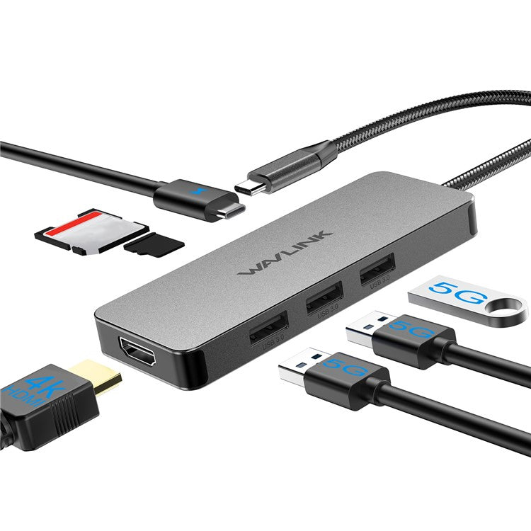 WAVLINK UHP3416 7-in-1 USB-C to 4K HD 100W PD Charging SD / TF Card Reader Docking Station - Dark Grey
