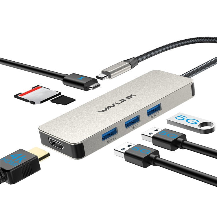 WAVLINK UHP3416 7-in-1 USB-C to 4K HD 100W PD Charging SD / TF Card Reader Docking Station - Silver