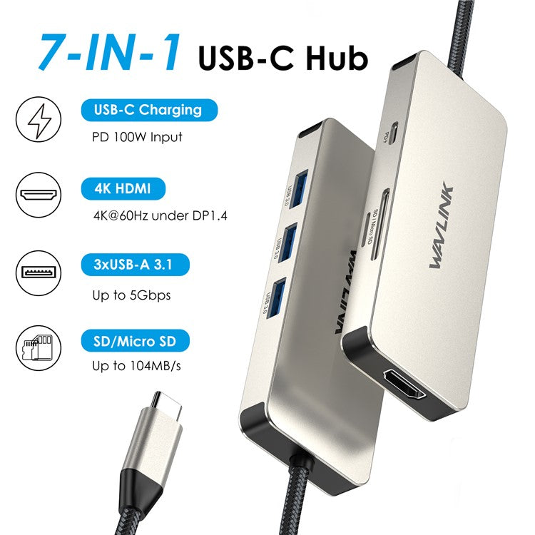 WAVLINK UHP3416 7-in-1 USB-C to 4K HD 100W PD Charging SD / TF Card Reader Docking Station - Silver