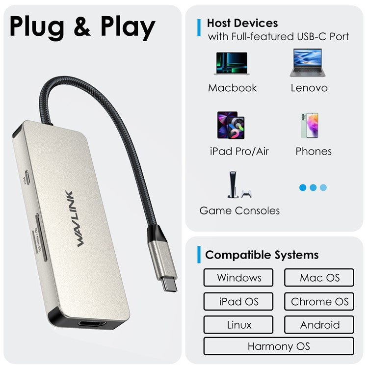 WAVLINK UHP3416 7-in-1 USB-C to 4K HD 100W PD Charging SD / TF Card Reader Docking Station - Silver