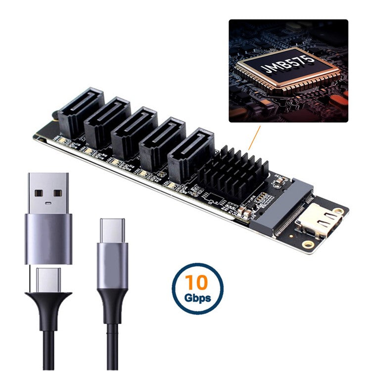 SA-035-TC 10Gbps Type-C to NGFF Key B+M SATA 6Gbps 5 Ports Adapter Converter, Chip: JMB575+JMS580