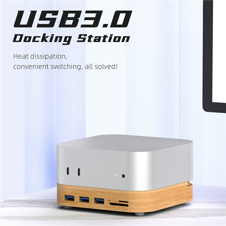 AJM4-FH For Mac Mini M4  /  M4 Pro Wooden Expansion Dock USB 3.0 Hub TF / SD Card Reader Anti-Dust Stand