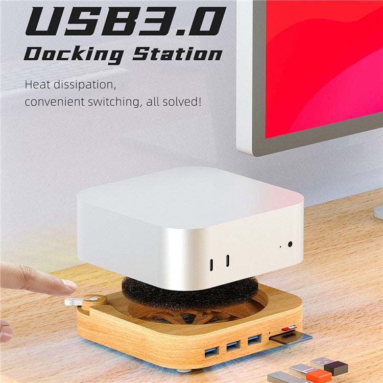 AJM4-FH For Mac Mini M4  /  M4 Pro Wooden Expansion Dock USB 3.0 Hub TF / SD Card Reader Anti-Dust Stand