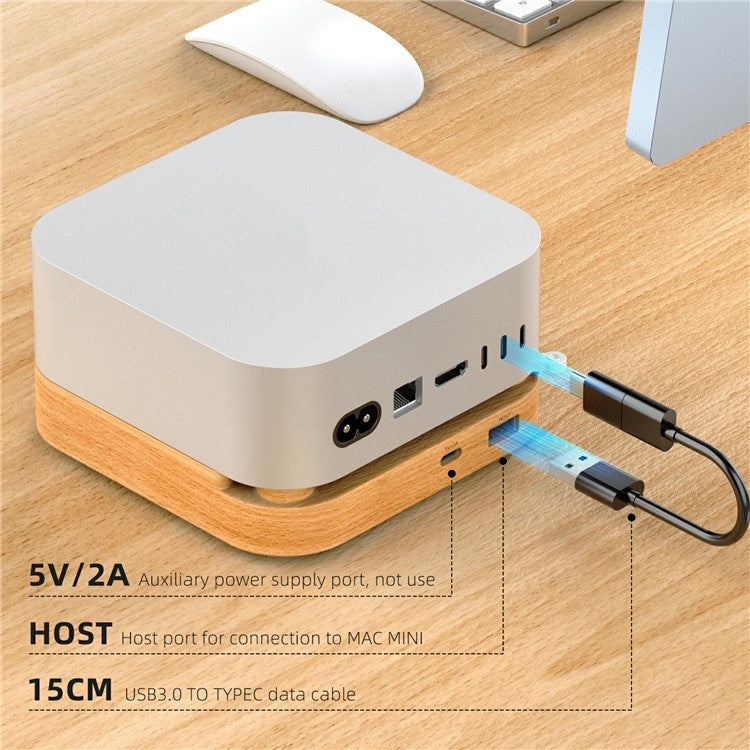 AJM4-FH For Mac Mini M4  /  M4 Pro Wooden Expansion Dock USB 3.0 Hub TF / SD Card Reader Anti-Dust Stand