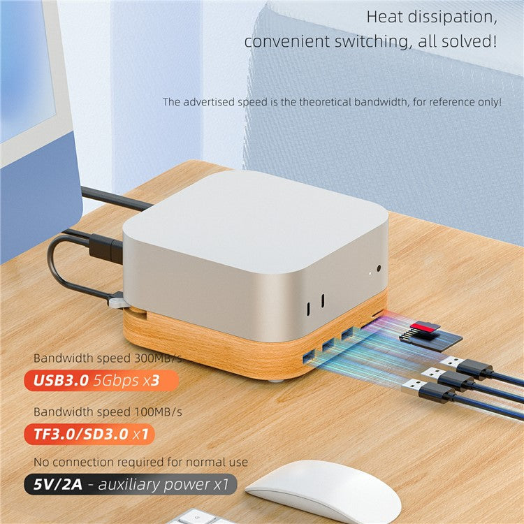 AJM4-FH For Mac Mini M4  /  M4 Pro Wooden Expansion Dock USB 3.0 Hub TF / SD Card Reader Anti-Dust Stand