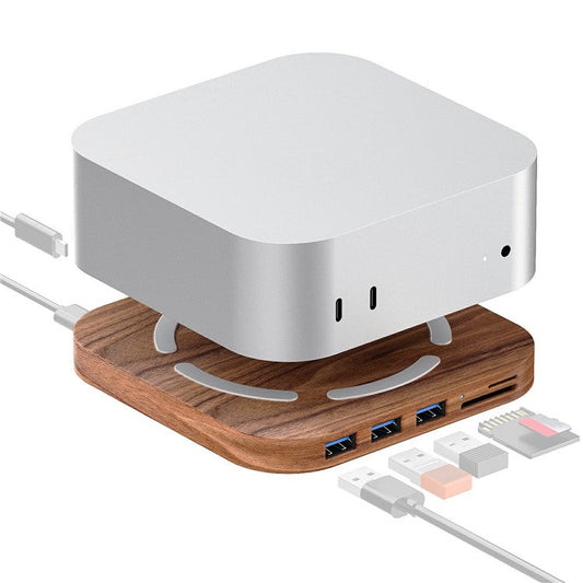 AJM4-H For Mac Mini M4  /  M4 Pro Wooden Expansion Dock USB 3.0 Hub Stand with TF / SD Card Reader Base
