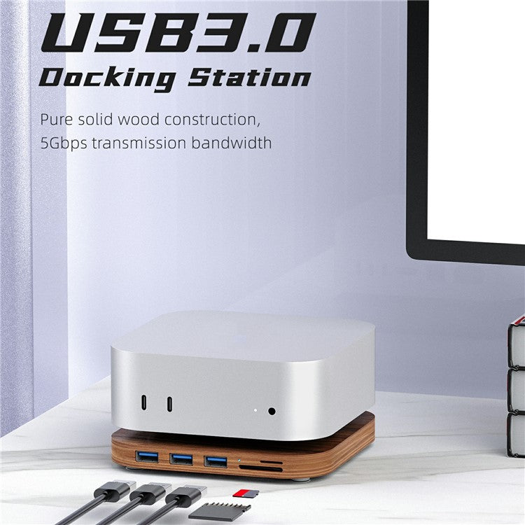 AJM4-H For Mac Mini M4  /  M4 Pro Wooden Expansion Dock USB 3.0 Hub Stand with TF / SD Card Reader Base