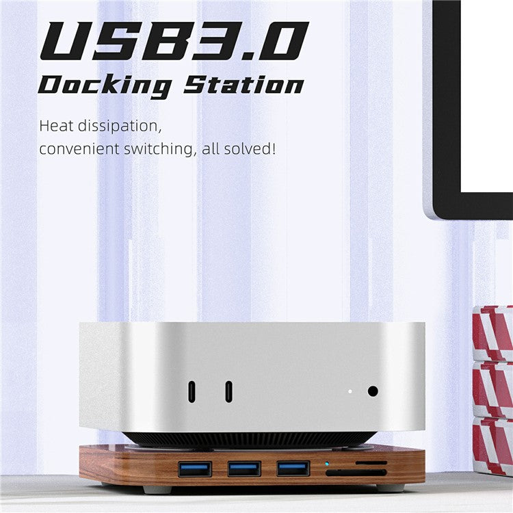 AJM4-H For Mac Mini M4  /  M4 Pro Wooden Expansion Dock USB 3.0 Hub Stand with TF / SD Card Reader Base