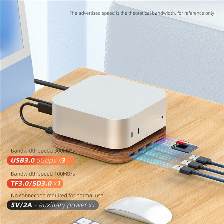 AJM4-H For Mac Mini M4  /  M4 Pro Wooden Expansion Dock USB 3.0 Hub Stand with TF / SD Card Reader Base