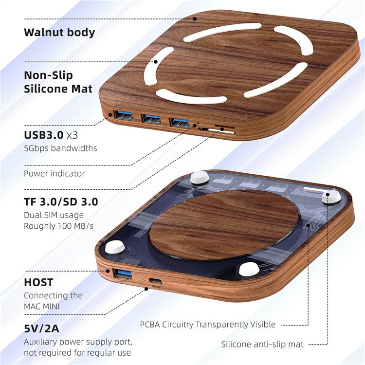 AJM4-H For Mac Mini M4  /  M4 Pro Wooden Expansion Dock USB 3.0 Hub Stand with TF / SD Card Reader Base