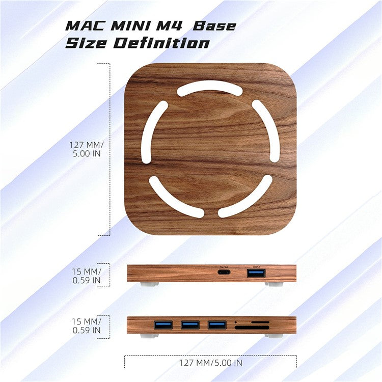 AJM4-H For Mac Mini M4  /  M4 Pro Wooden Expansion Dock USB 3.0 Hub Stand with TF / SD Card Reader Base