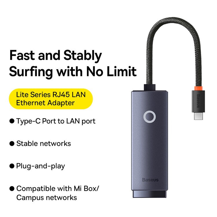 BASEUS Lite Series Ethernet Adapter Type-C to RJ45 LAN Port 1000Mbps Aluminum Alloy Hub - Grey