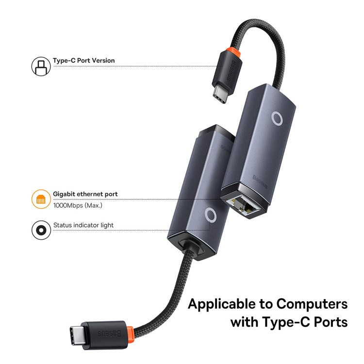 BASEUS Lite Series Ethernet Adapter Type-C to RJ45 LAN Port 1000Mbps Aluminum Alloy Hub - Grey