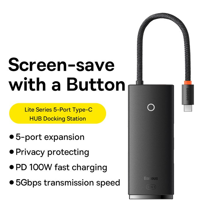 BASEUS Lite Series 5-Port Type-C Hub Docking Station Type-C to HD+3 USB3.0+PD Multi-function Hub Adapter Support 4K Ultra Clear/100W Fast Charging/5Gbps Transmission - Black