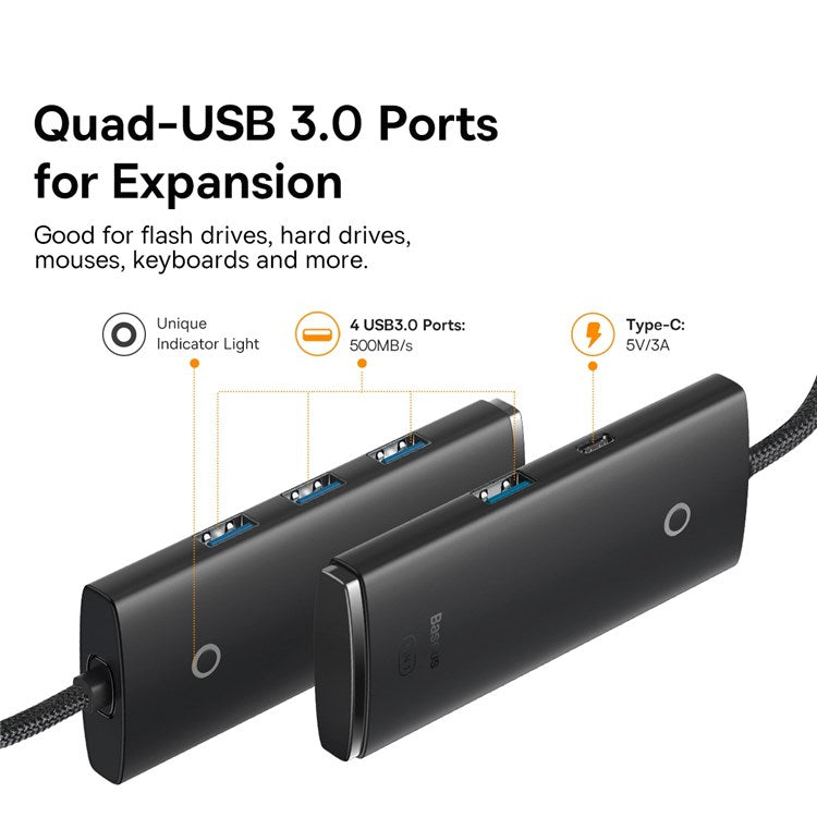 BASEUS Lite Series 2m 4-Port USB-A HUB Adapter USB-A to USB 3.0*4 Converter - Black