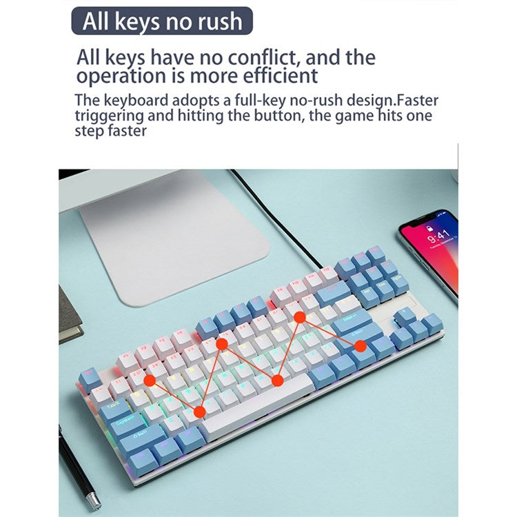IBLANCOD K87 87-Key Conflict-Free Mechanical Keyboard with Colorful Backlit for Home/Office/Gaming - Blue+White/Blue Switch