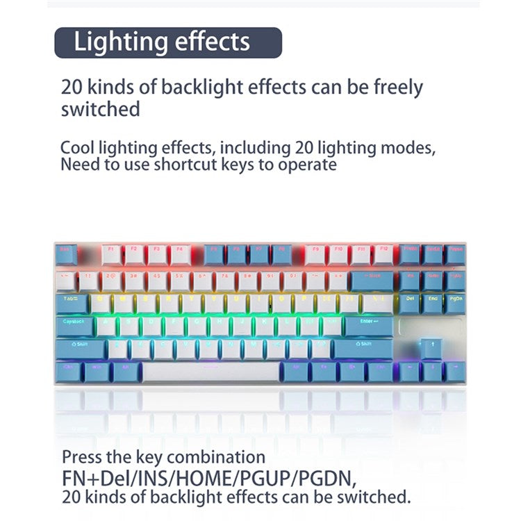 IBLANCOD K87 87-Key Conflict-Free Mechanical Keyboard with Colorful Backlit for Home/Office/Gaming - Blue+White/Blue Switch