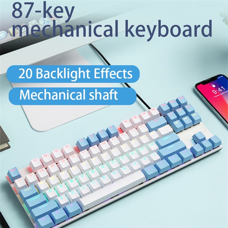 IBLANCOD K87 87-Key Conflict Free Mechanical Keyboard with Colorful Backlit for Home/Office/Gaming - White+Blue/Red Switch