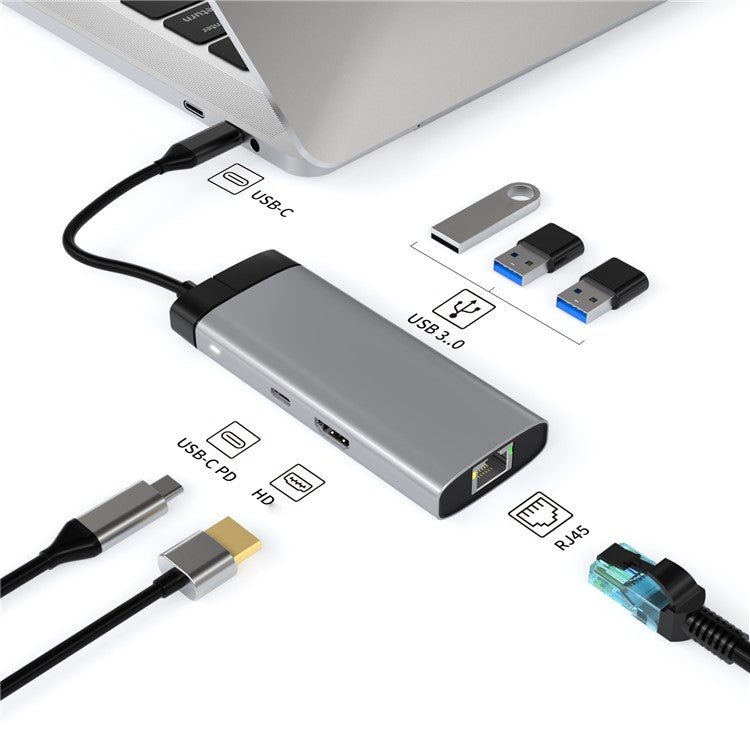 BS6A 6-in-1 Hub USB3.0 x 3 + HD + RJ45 + Type-C PD 100W Fast Charging Docking Station