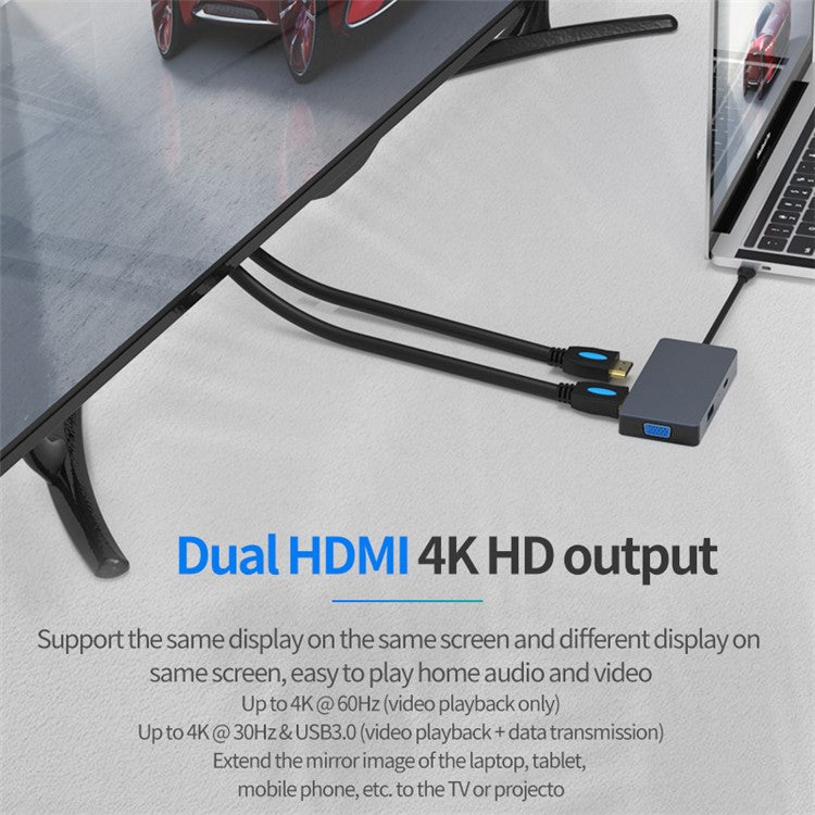 BLUEENDLESS HV501 Type-C Hub 5-in-1 USB-C Extender Dual HD / VGA / USB3.0 / PD Fast Charging Splitter Extension Adapter