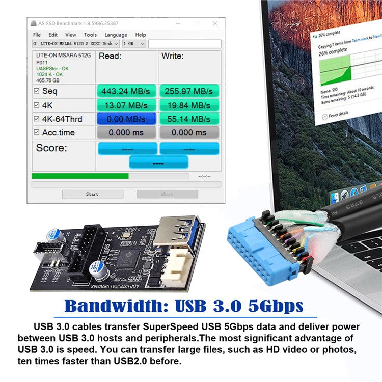 U3-084-EF Single 19 / 20Pin Header to USB 3.0 20Pin + Type-E Dual Ports Female PCBA Type Adapter Splitter HUB 5Gbps