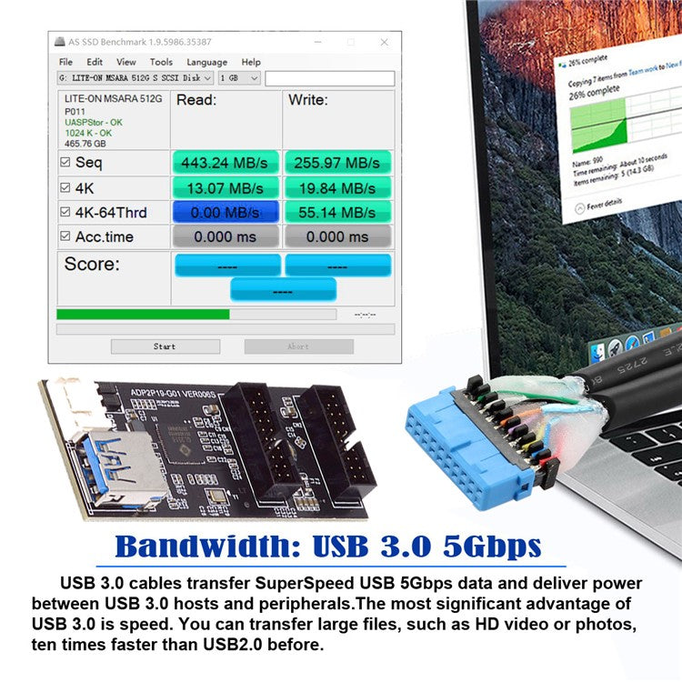 U3-084-AF Single 19 / 20Pin Header to USB 3.0 19 / 20Pin Dual Ports Female PCBA Type Adapter 5Gbps Motherboard Connector