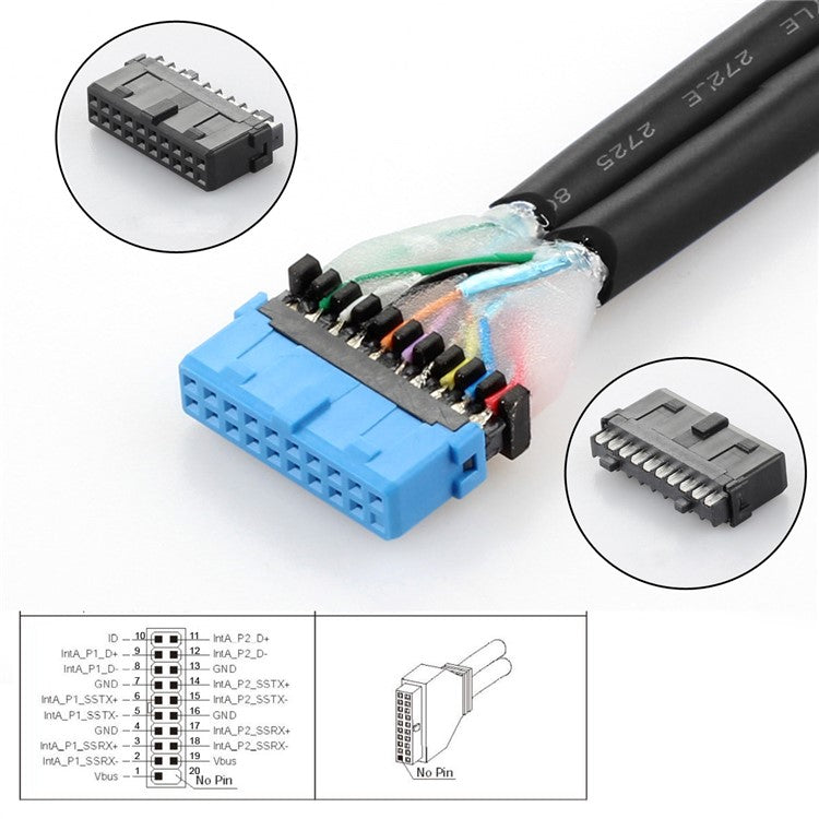 U3-084-AF+UC-117 5Gbps Type-E 19 / 20Pin Header to USB 3.0 19 / 20Pin Dual Ports Female PCBA Type Adapter Splitter HUB