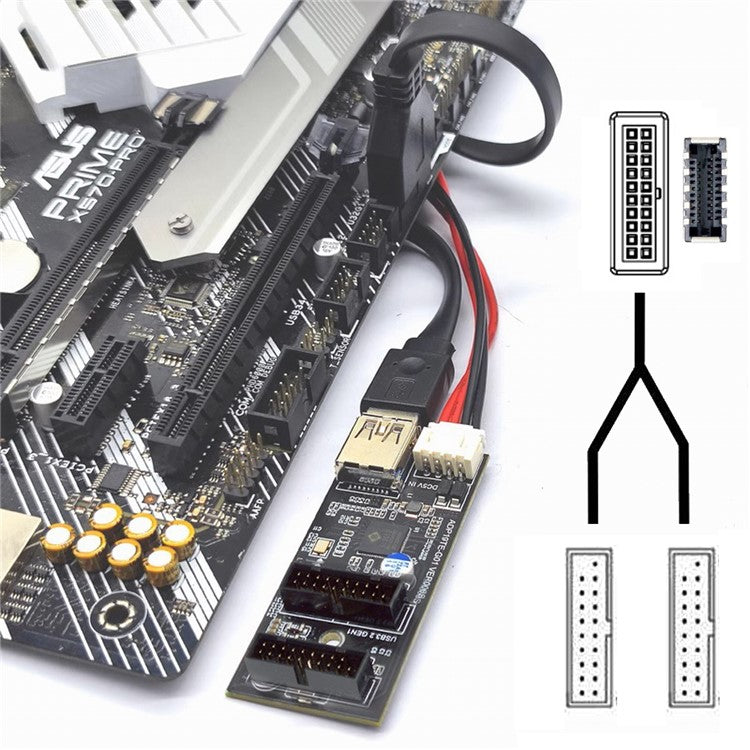 U3-084-AF+UC-117 5Gbps Type-E 19 / 20Pin Header to USB 3.0 19 / 20Pin Dual Ports Female PCBA Type Adapter Splitter HUB