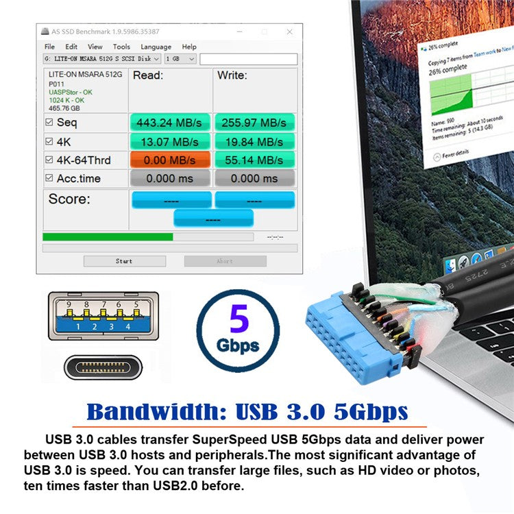 UC-020-AC USB3.0 Motherboard 19 / 20Pin to USB-C Type-C & USB 3.0 Dual Ports Female PCI-E Back Panel 5Gbps Cable