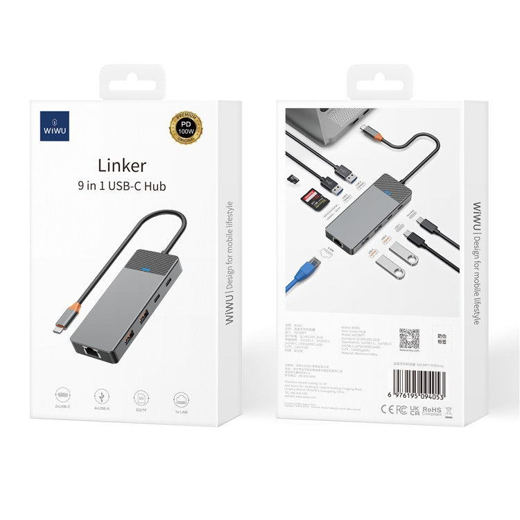 WIWU A923RPT USB-C Adapter to USB 3.1x2+USB 2.0x2+PD 100W+USB-C 3.1+2 Card Reader Slots+LAN 1000Gigabit